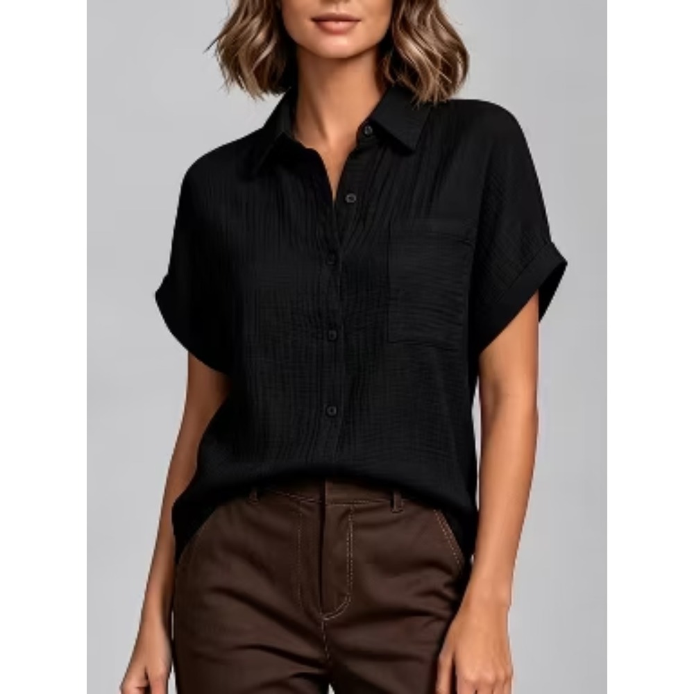 Cupshe NWT Gauze Short Roll Sleeve Button Up Shirt Black Chest Pocket - Size M